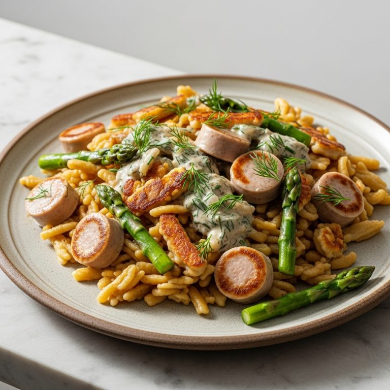 Mouthwatering German Keto Brunch Platter: Spätzle, Sausage, and Asparagus in Creamy Dill Sauce
